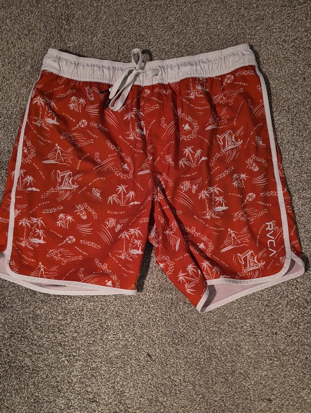 RVCA Men’s Red Swim Trunks with White Tropical Print